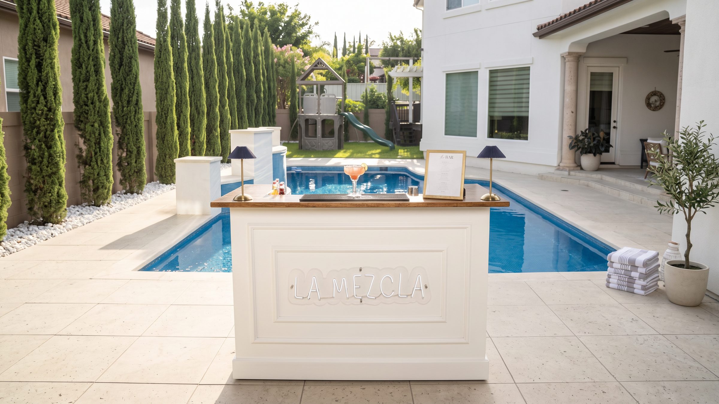 The La Mezcla mobile bar styled poolside with brass lamps, a framed cocktail menu and the neon sign